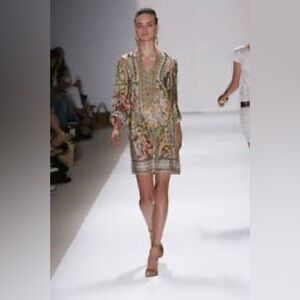 Nicole Miller Silk Long Sleeve Dress with Gold, Brown,  and Cream Pattern Medium